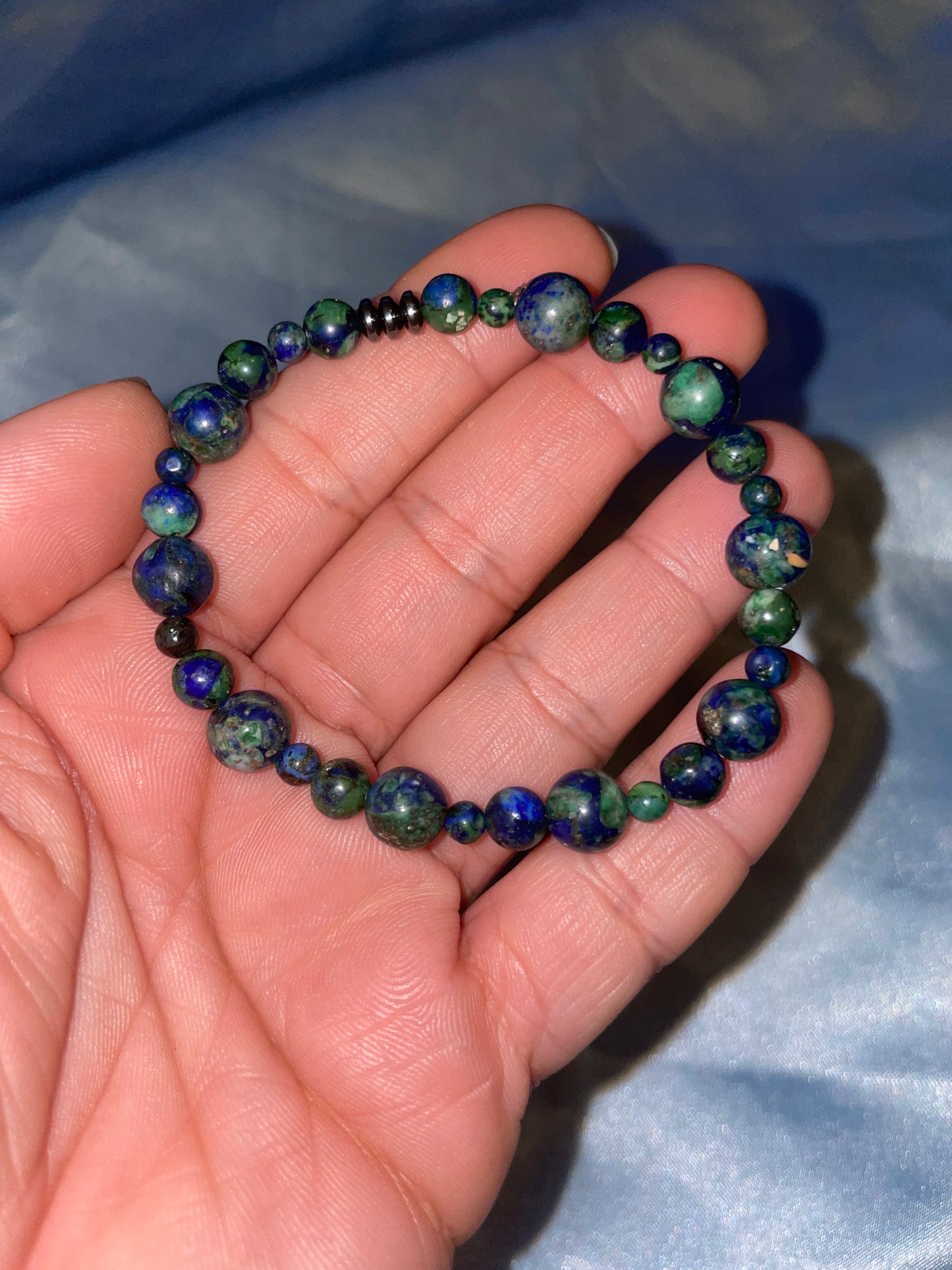 Chrysocolla, azurite and hematite bracelet