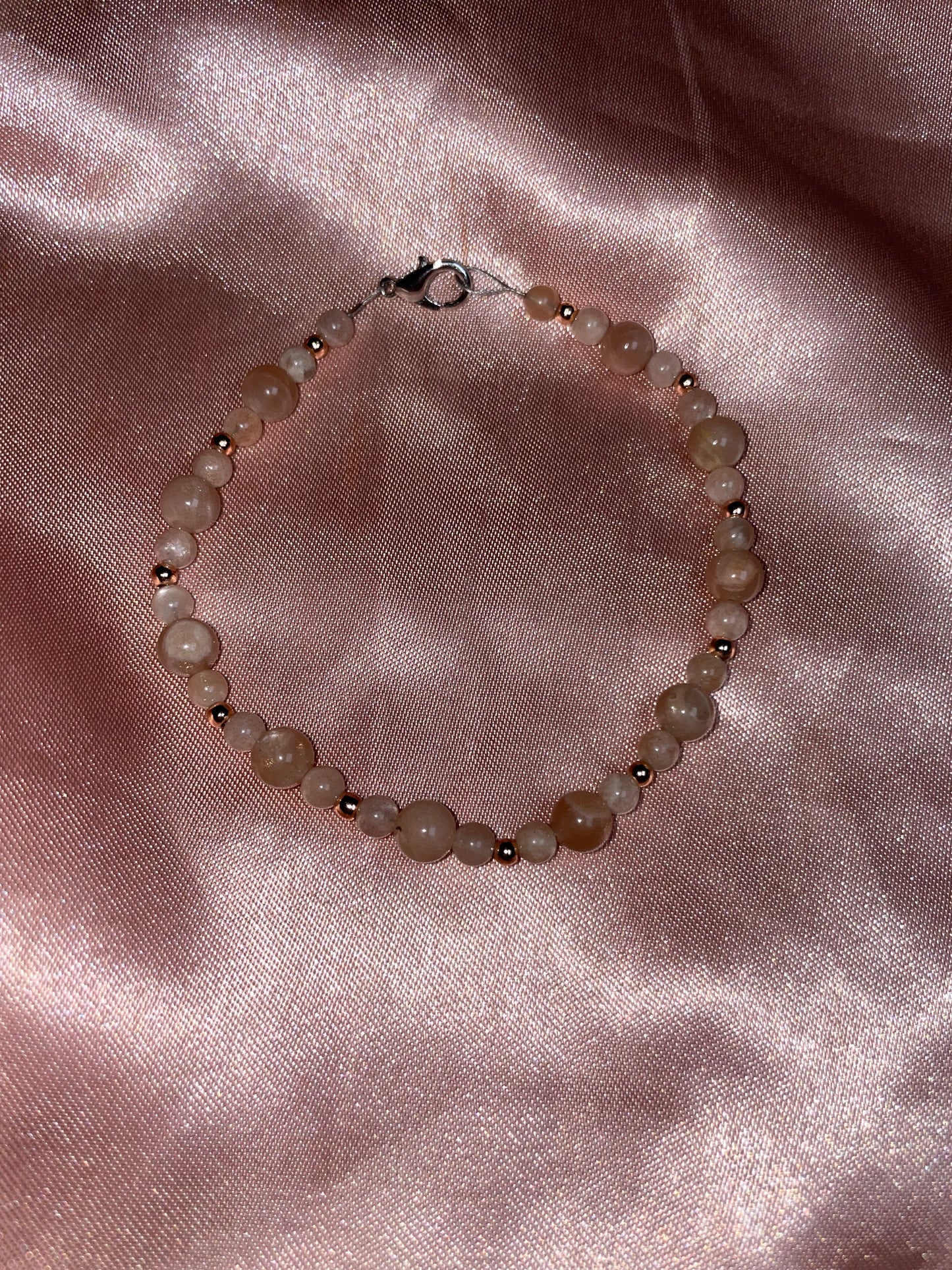Peach moonstone/sunstone and rose gold plated beads clasp bracelet