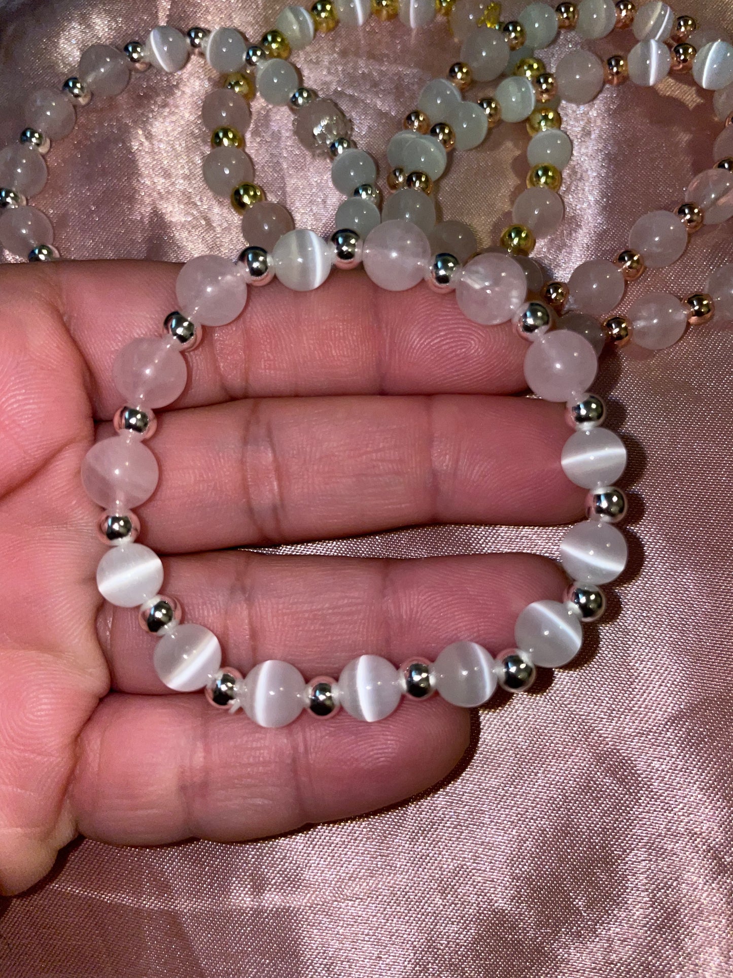 Rose quartz, cats eye & gold or silver plated bracelets