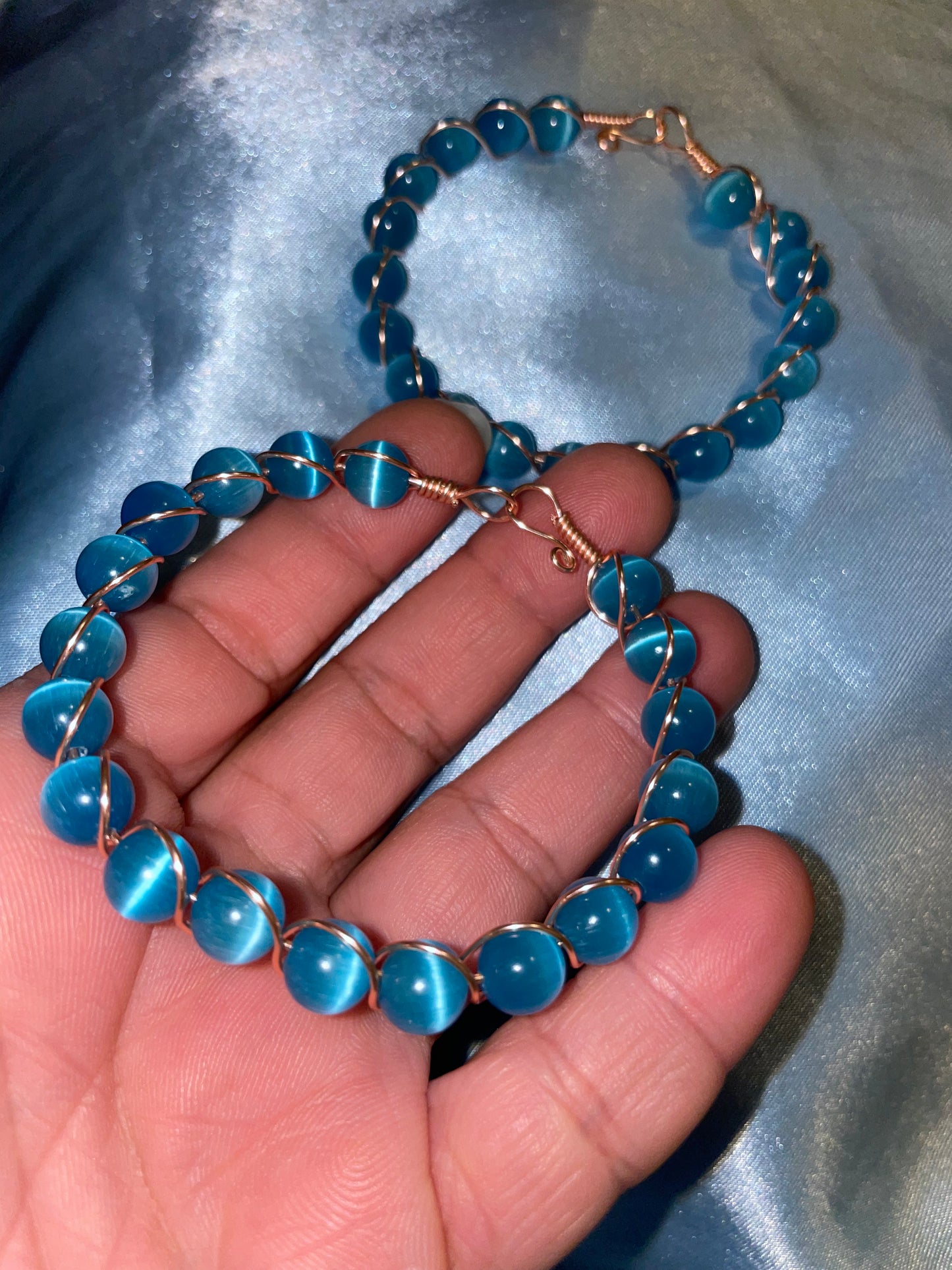 Wire wrapped cat’s eye bracelets
