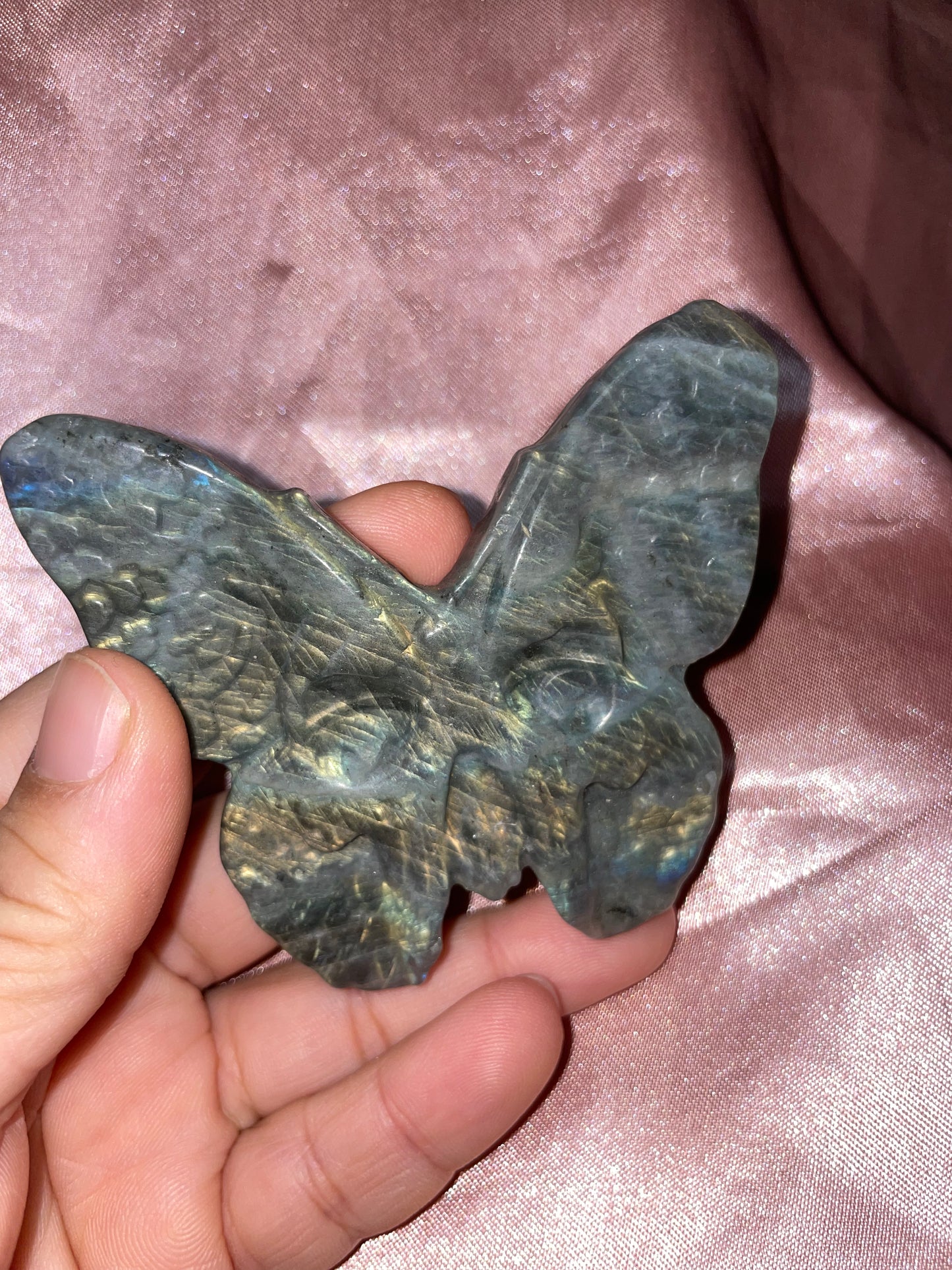 Gold/blue flash labradorite death moth