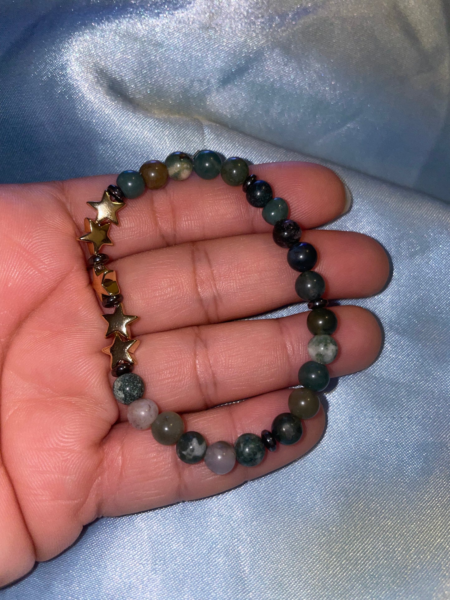 Moss agate, hematite and gold plated hematite stars “handmade”