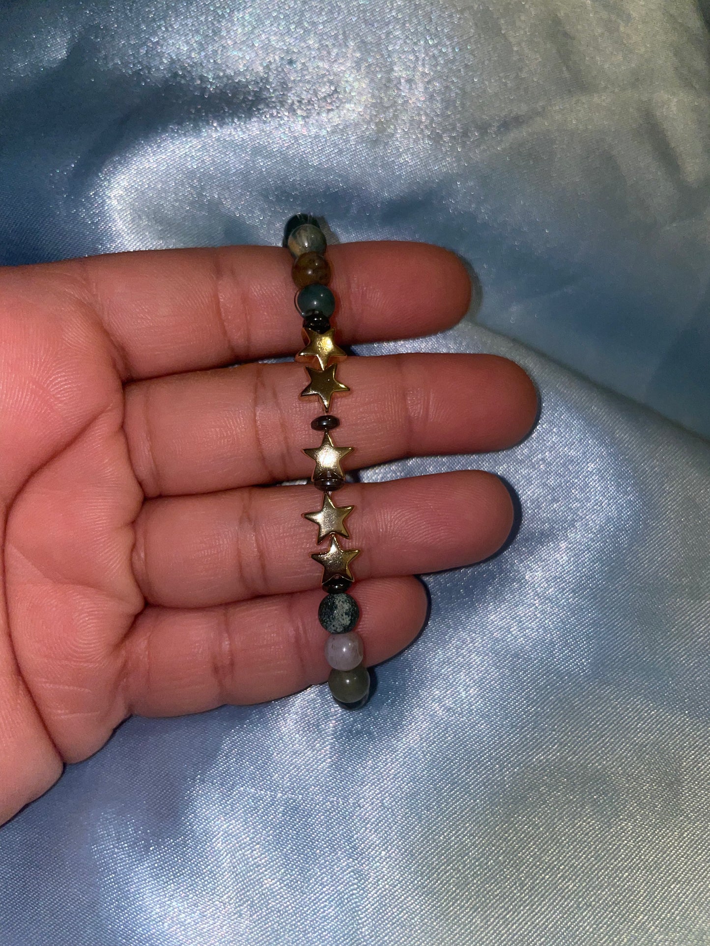 Moss agate, hematite and gold plated hematite stars “handmade”