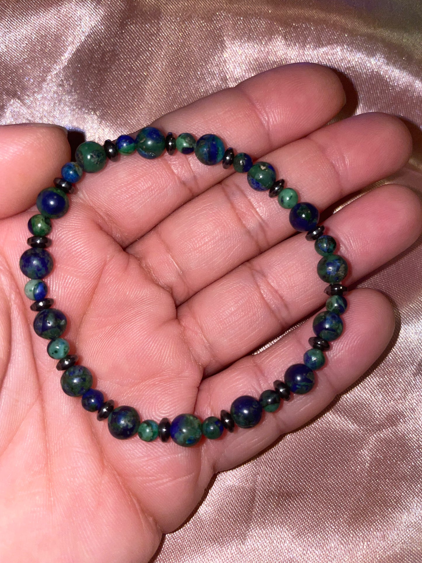 Chrysocolla, azurite and hematite bracelet