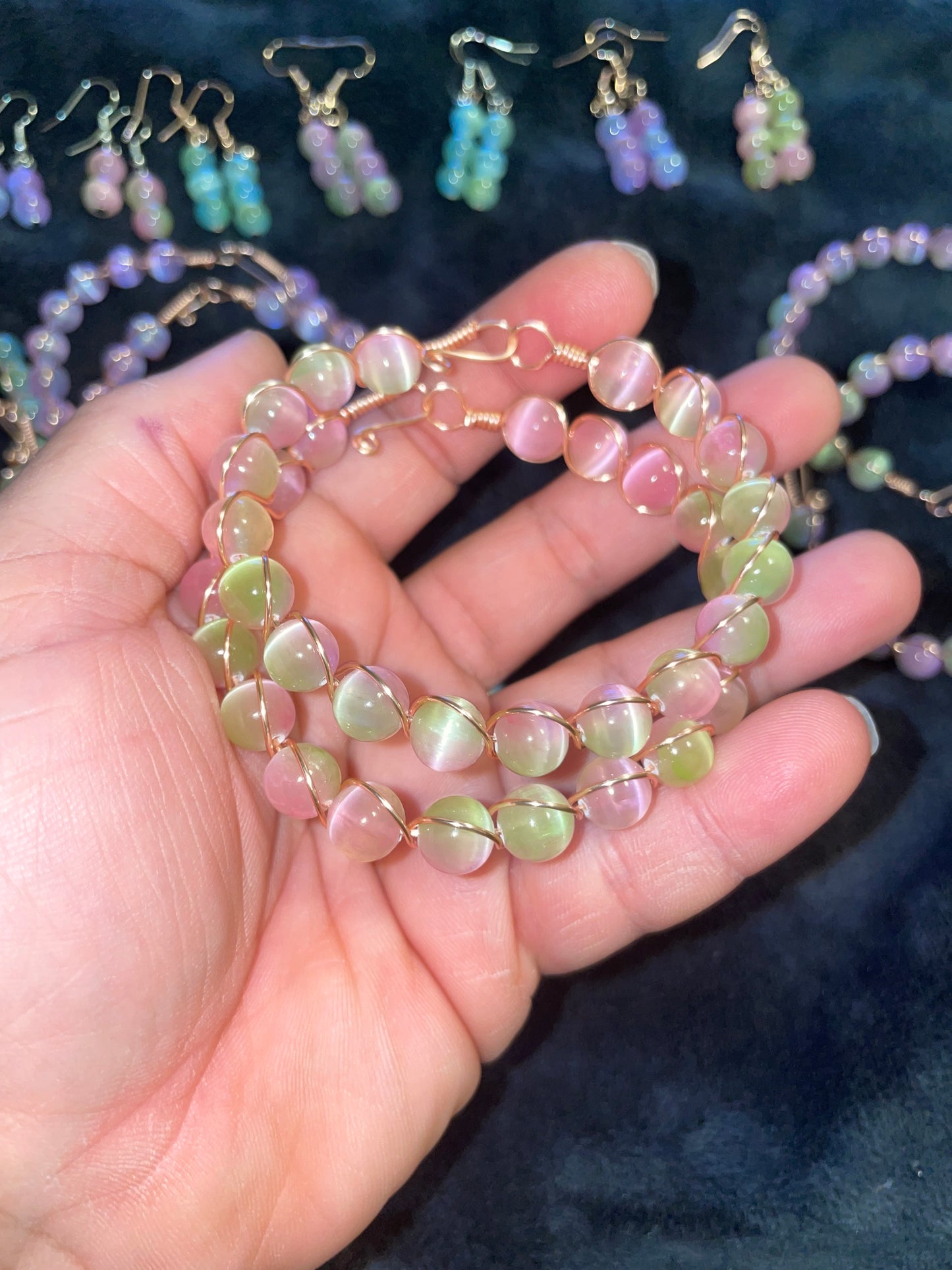 Selenite/Satin spar multicolor wire wrapped bracelets
