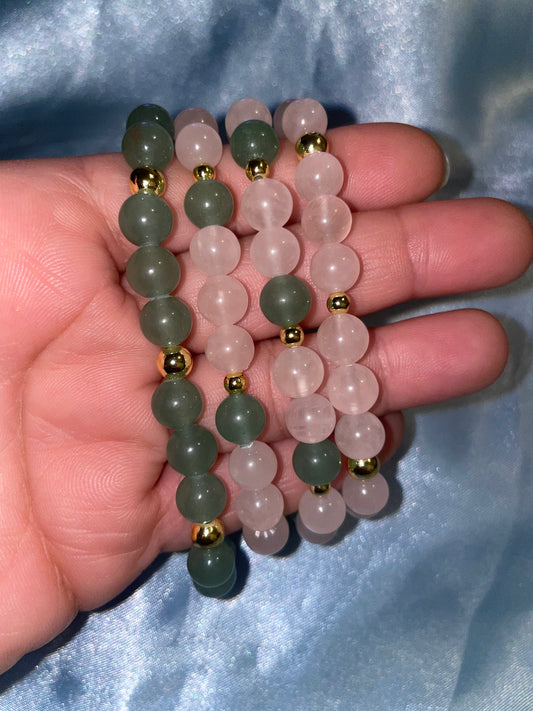 Green aventurine, rose quartz and 18k gold plated bracelet
