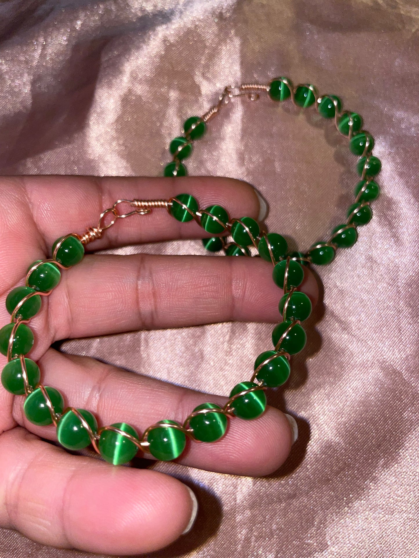 Wire wrapped cat’s eye bracelets