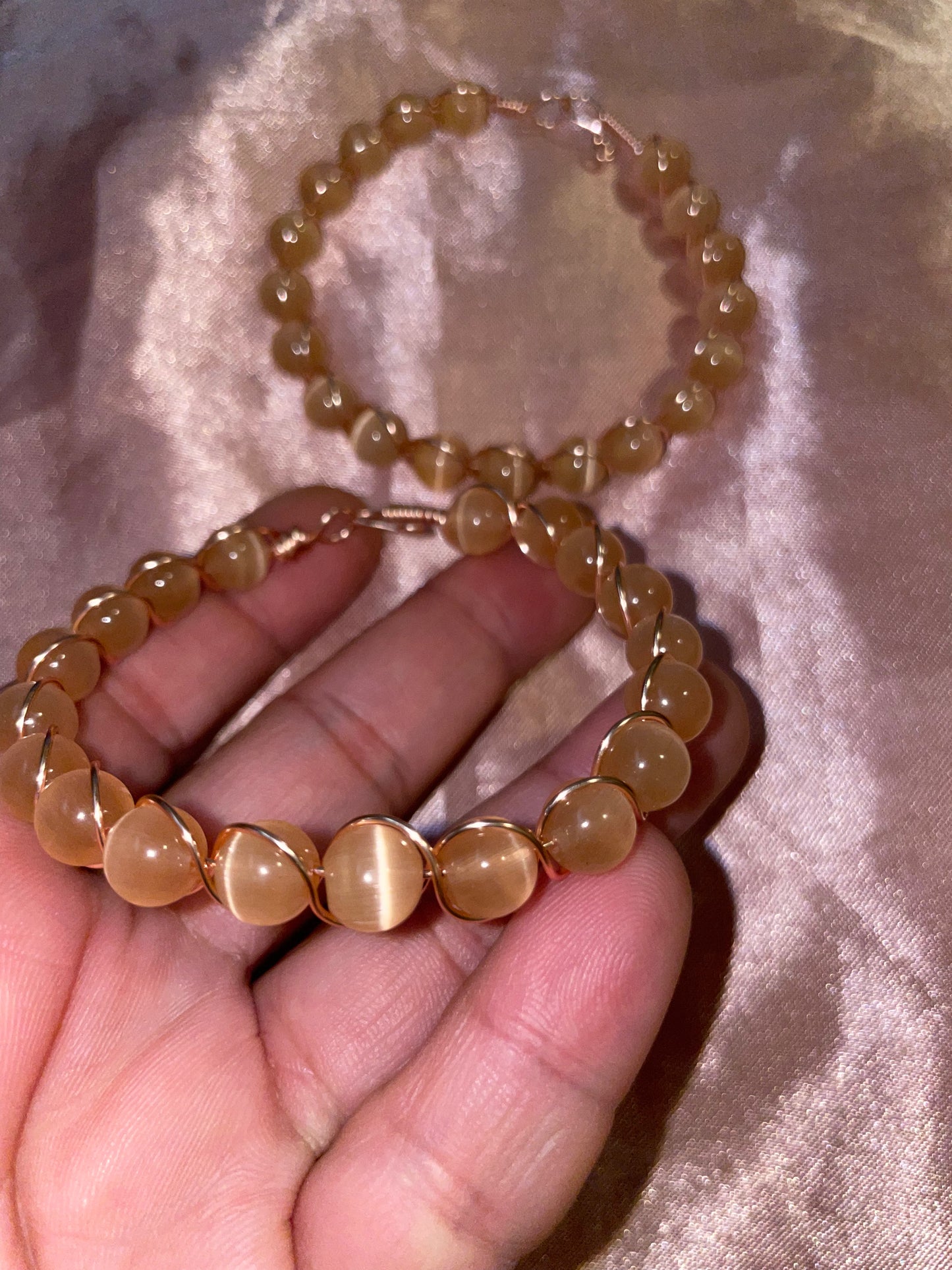 Wire wrapped cat’s eye bracelets