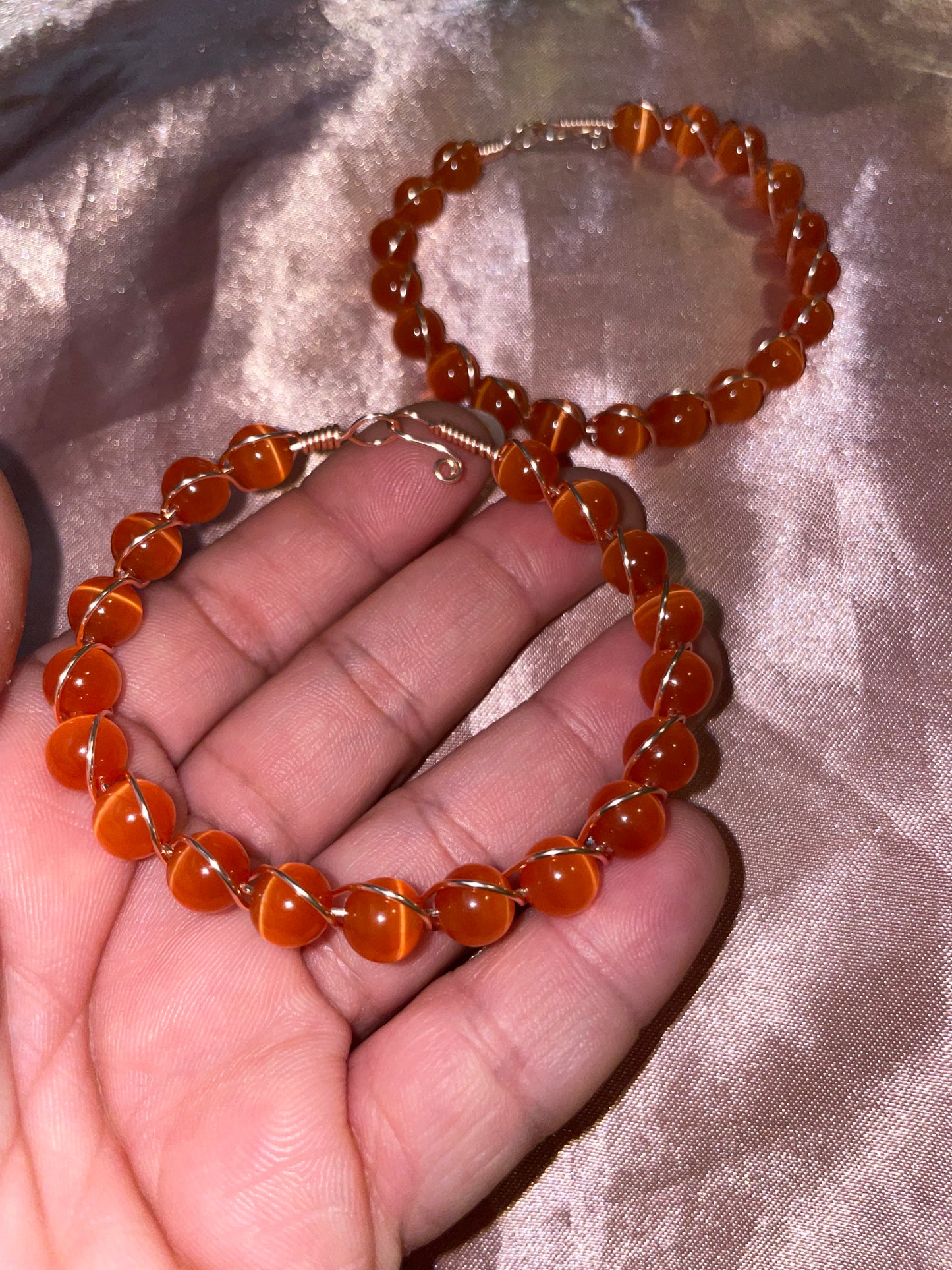 Wire wrapped cat’s eye bracelets
