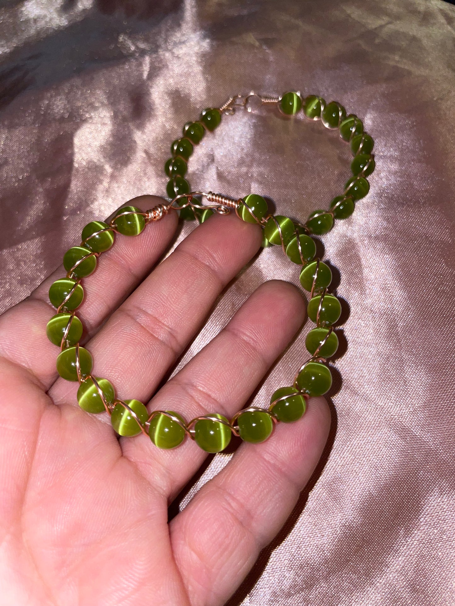 Wire wrapped cat’s eye bracelets