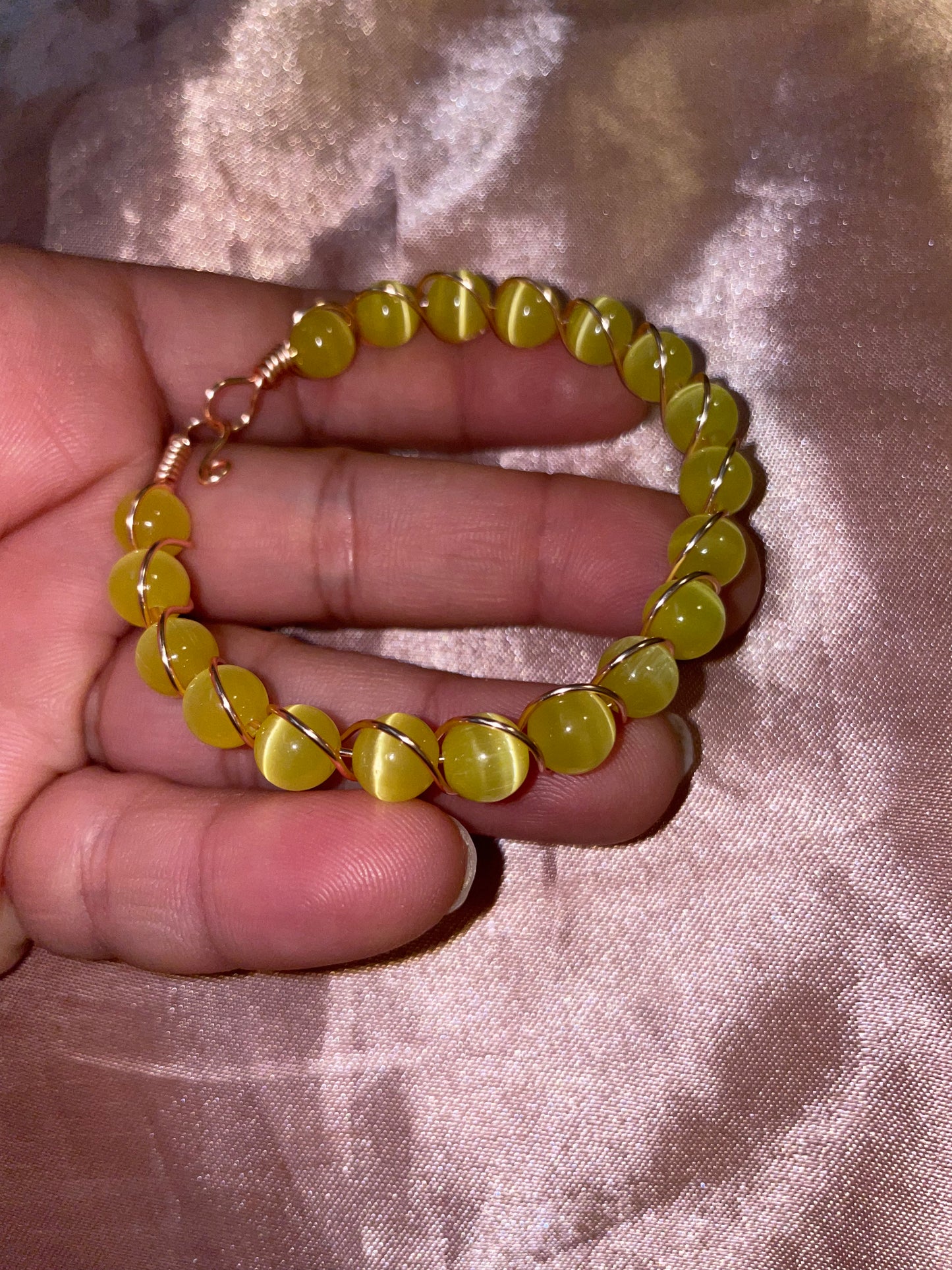 Wire wrapped cat’s eye bracelets