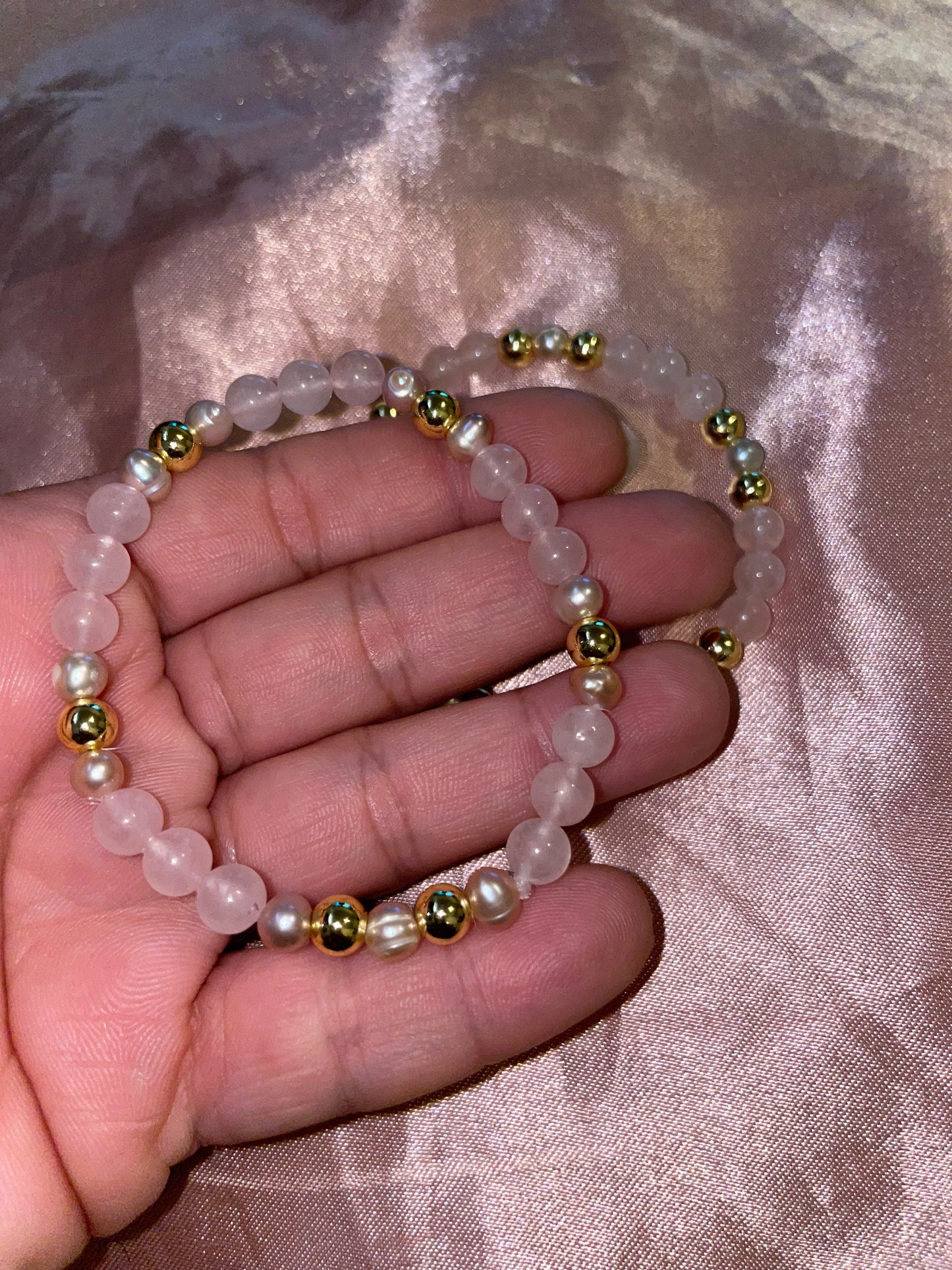 Rose quartz, fresh water pearls & 18k gold bracelets