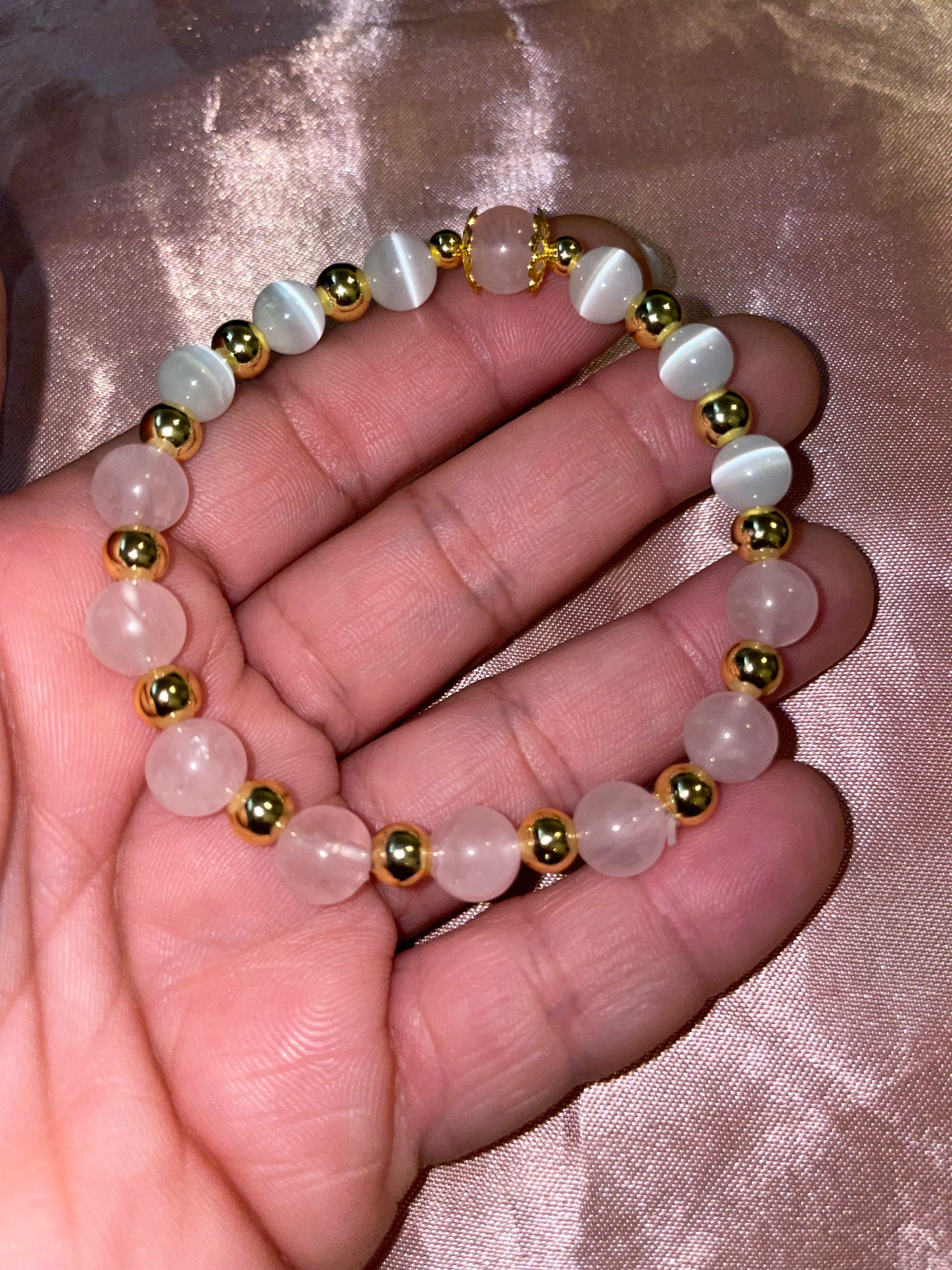 Rose quartz, cats eye & gold or silver plated bracelets