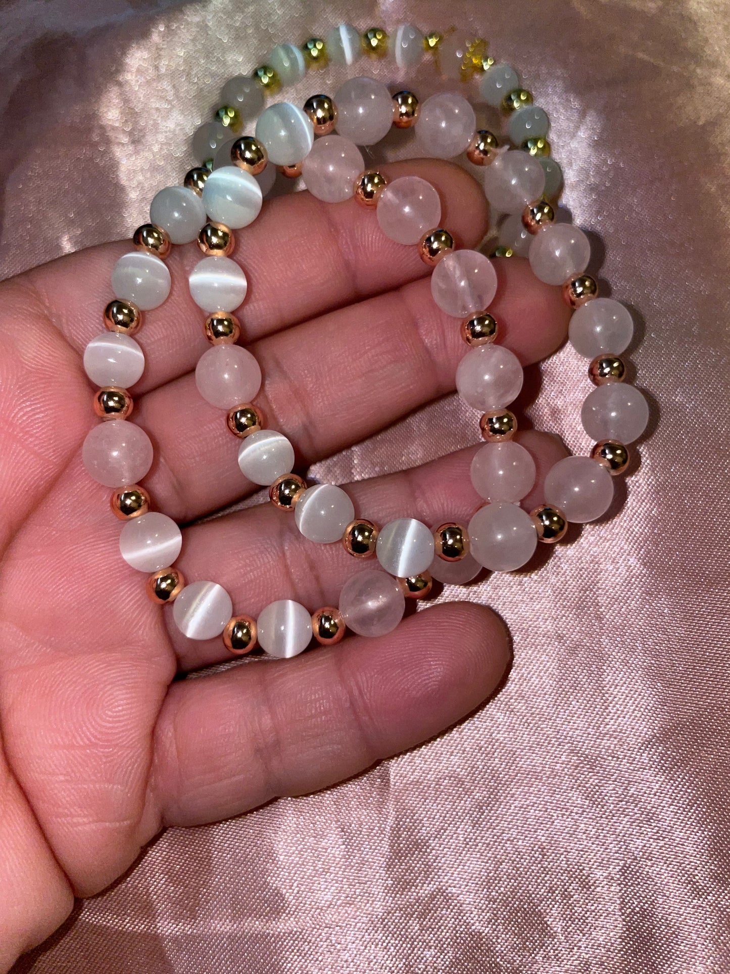Rose quartz, cats eye & gold or silver plated bracelets