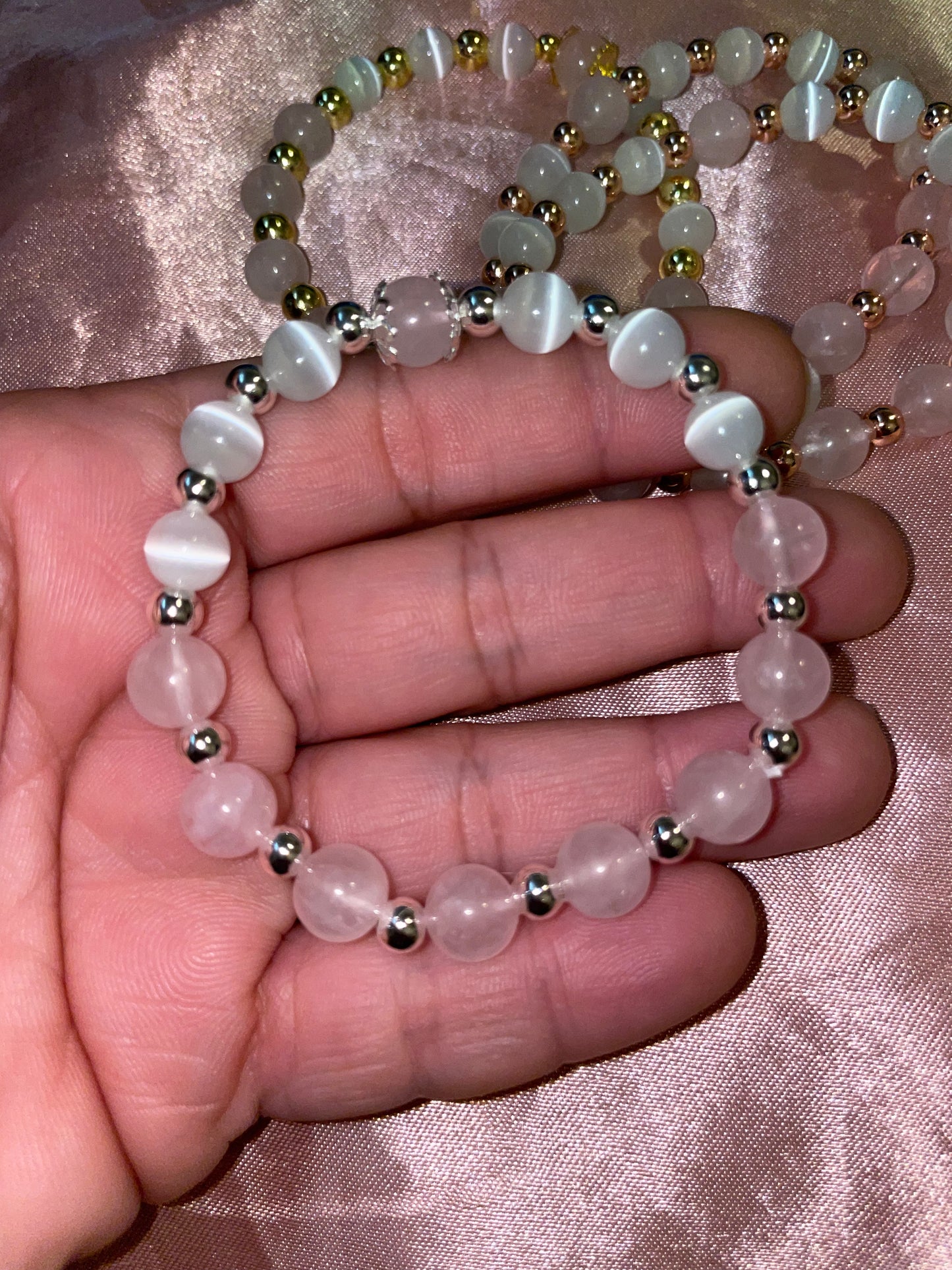 Rose quartz, cats eye & gold or silver plated bracelets