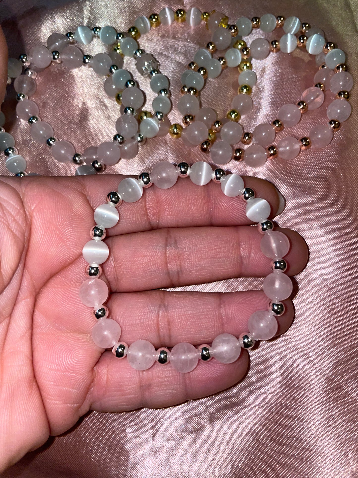 Rose quartz, cats eye & gold or silver plated bracelets