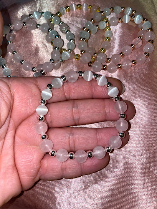 Rose quartz, cats eye & gold or silver plated bracelets
