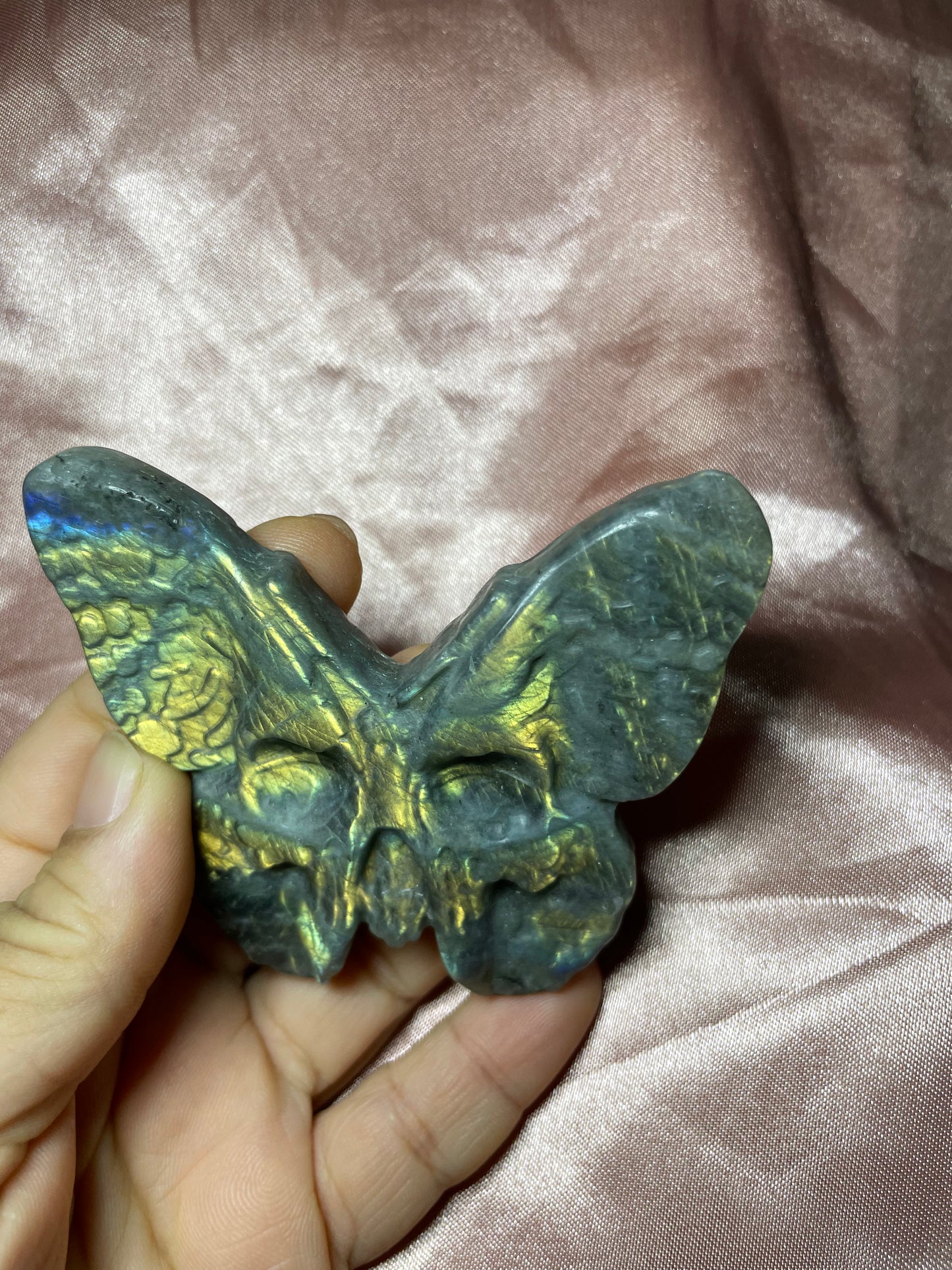 Gold/blue flash labradorite death moth