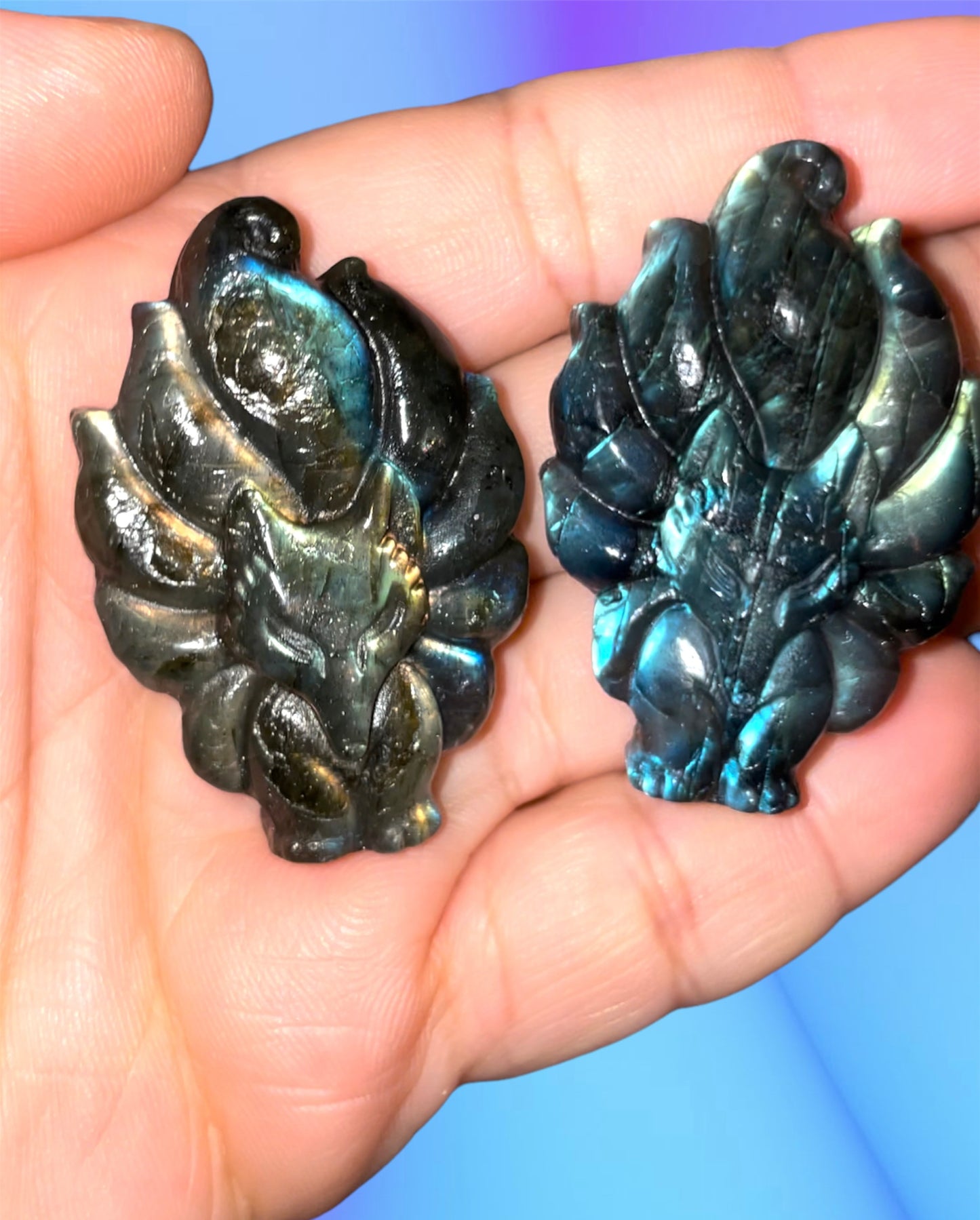 Flashy labradorite 9 tails fox carvings
