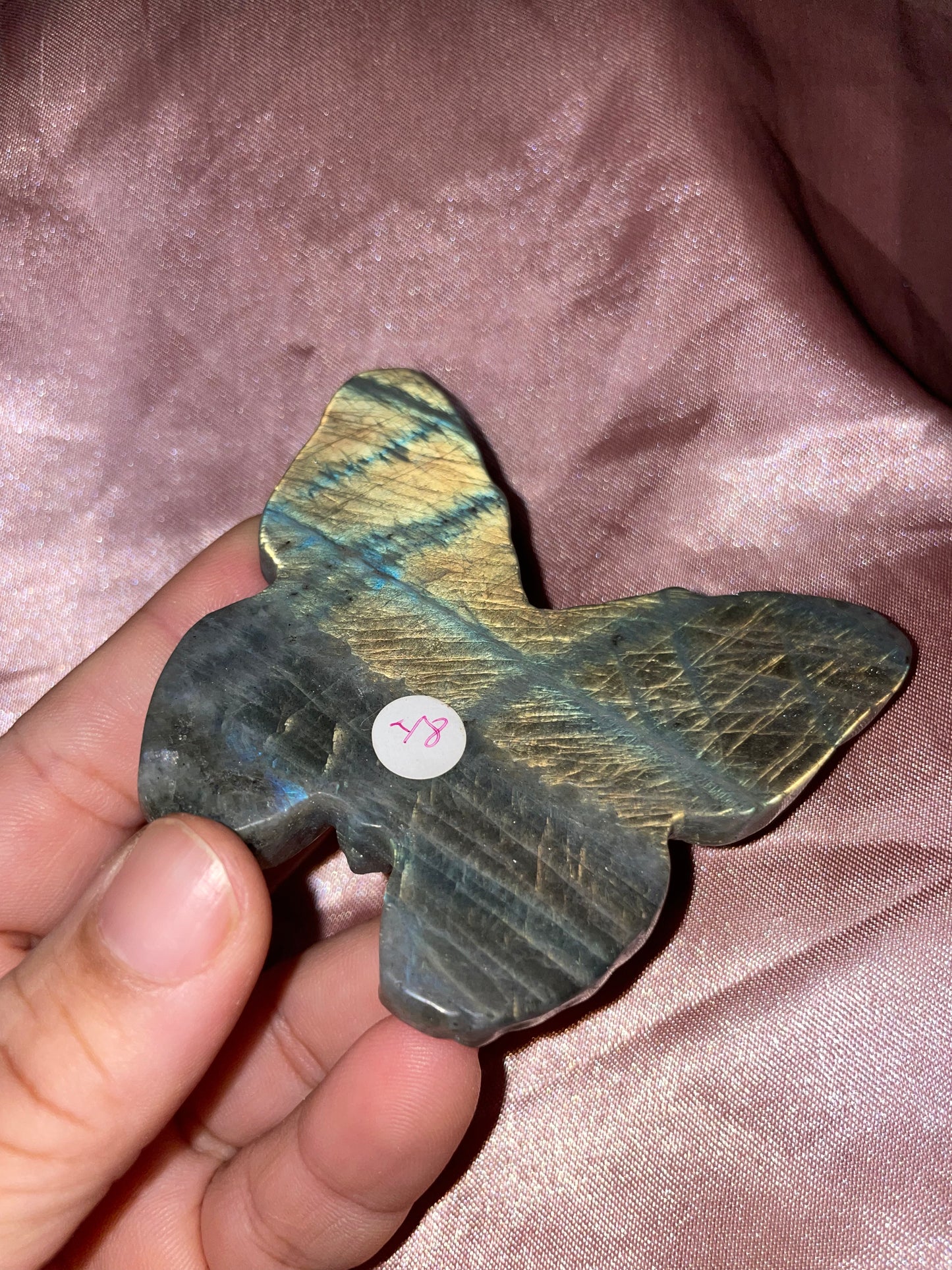 Gold/blue flash labradorite death moth