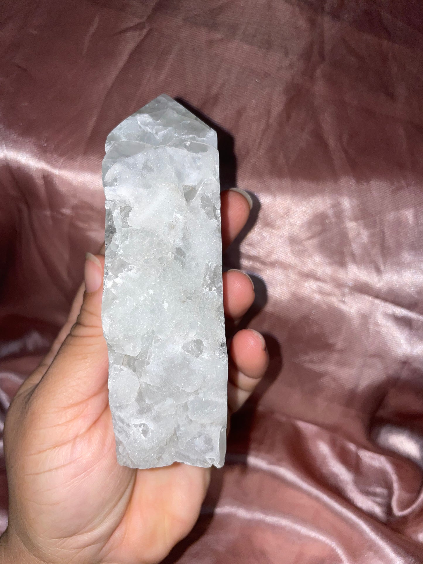 Unique Druzy Clear Fluorite Tower, half polished