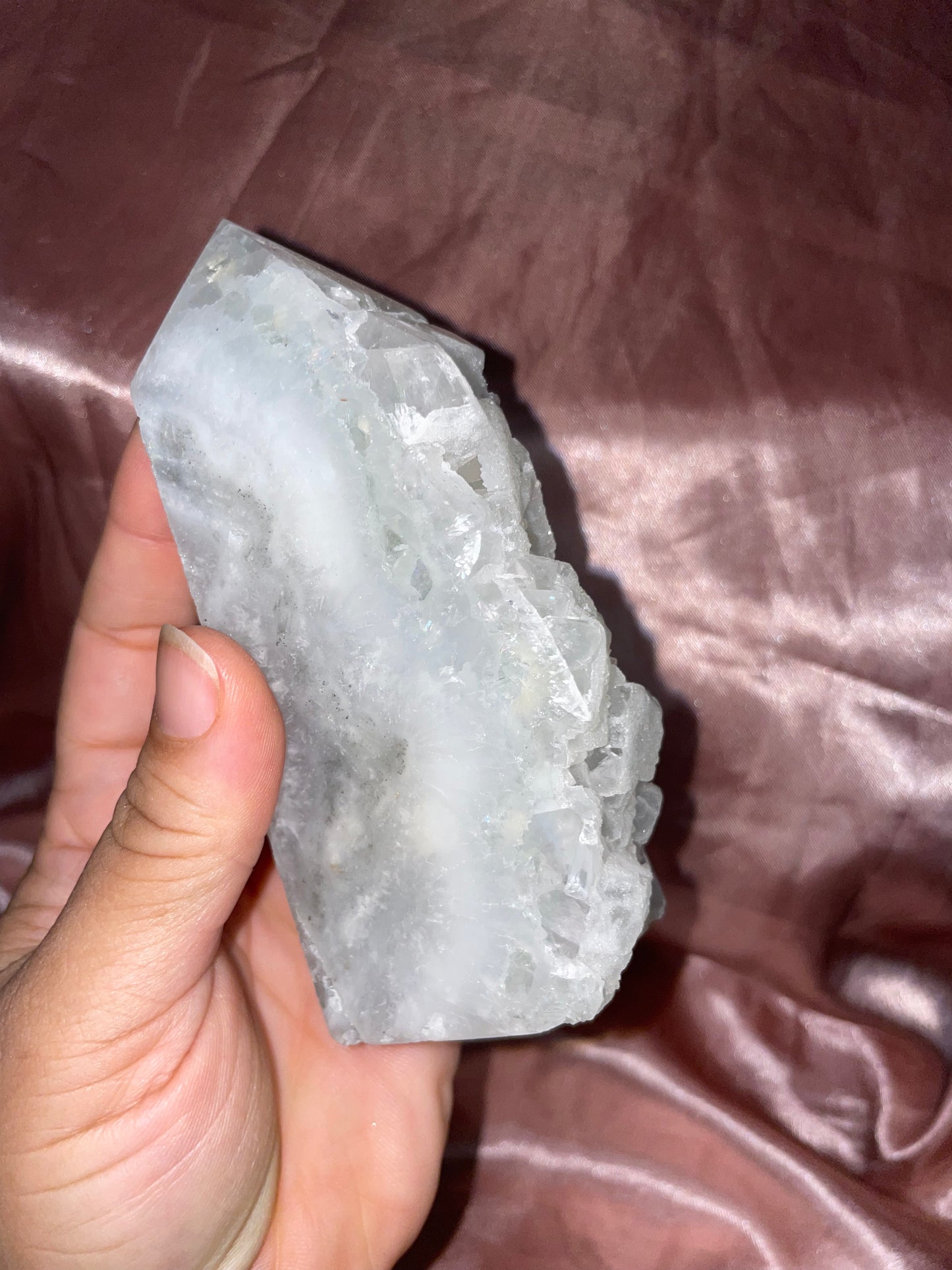 Unique Druzy Clear Fluorite Tower, half polished