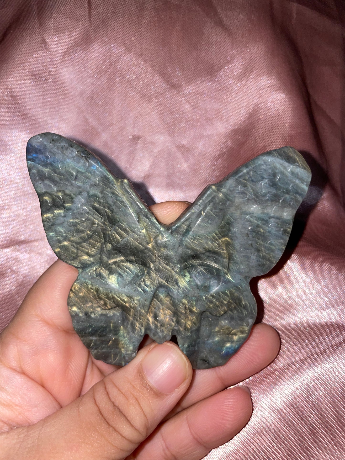 Gold/blue flash labradorite death moth