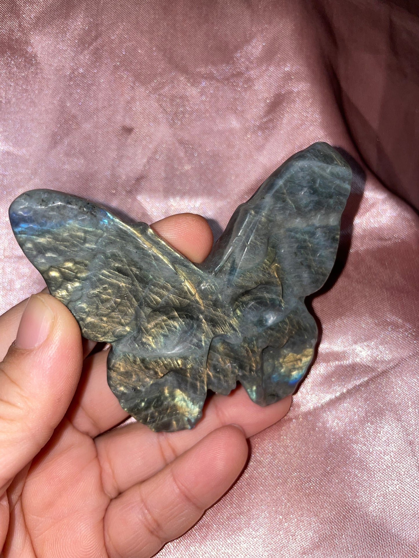 Gold/blue flash labradorite death moth