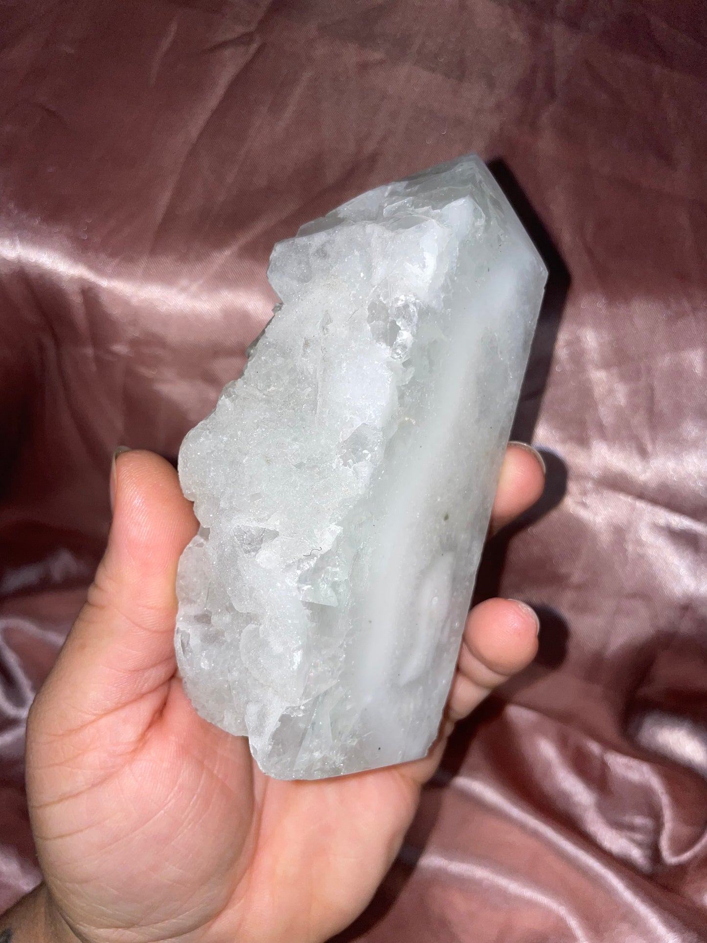 Unique Druzy Clear Fluorite Tower, half polished