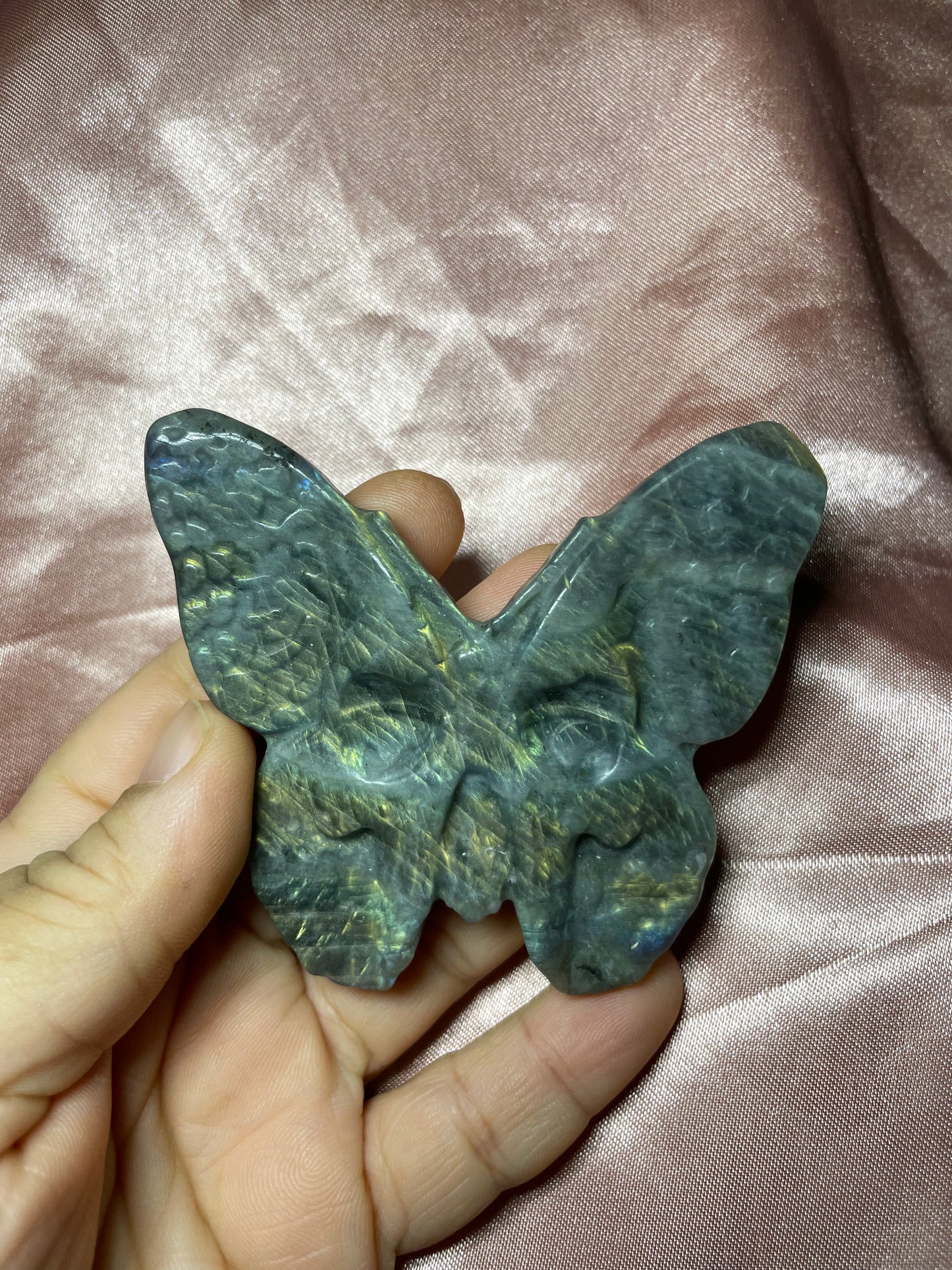 Gold/blue flash labradorite death moth