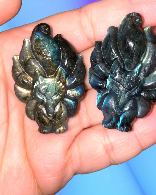 Flashy labradorite 9 tails fox carvings